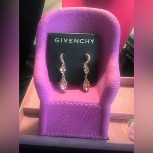 Givenchy silver tone crystal element double drop earrings. Original cardstock